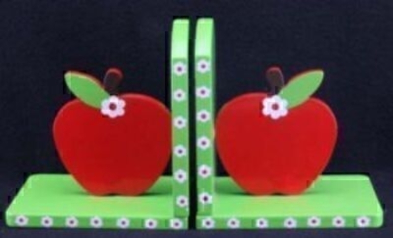Pair of painted wood apple bookends by Gisela Graham. Functional but fun decorations for a Childs room. Each bookend - Size 13x11x8